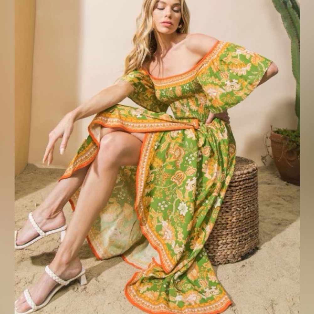 Off The Shoulder Floral Tropical Print Maxi Dress - Picture 2 of 7